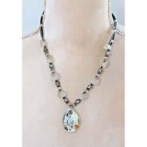 Hand crafted necklace 1.5" glass teardrop pendant multicolor heart beads 20"